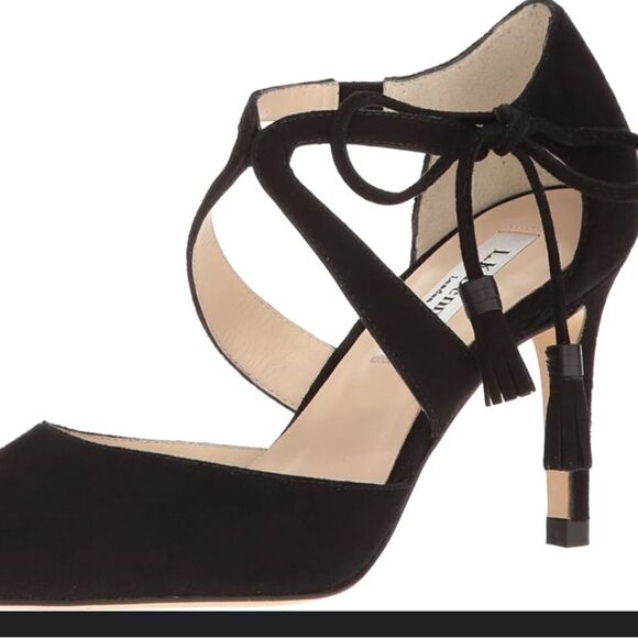 L.K.Bennett Black leather suede 3”heel pointed toe side lace tassel EUR SZ39.5 - Picture 2 of 9